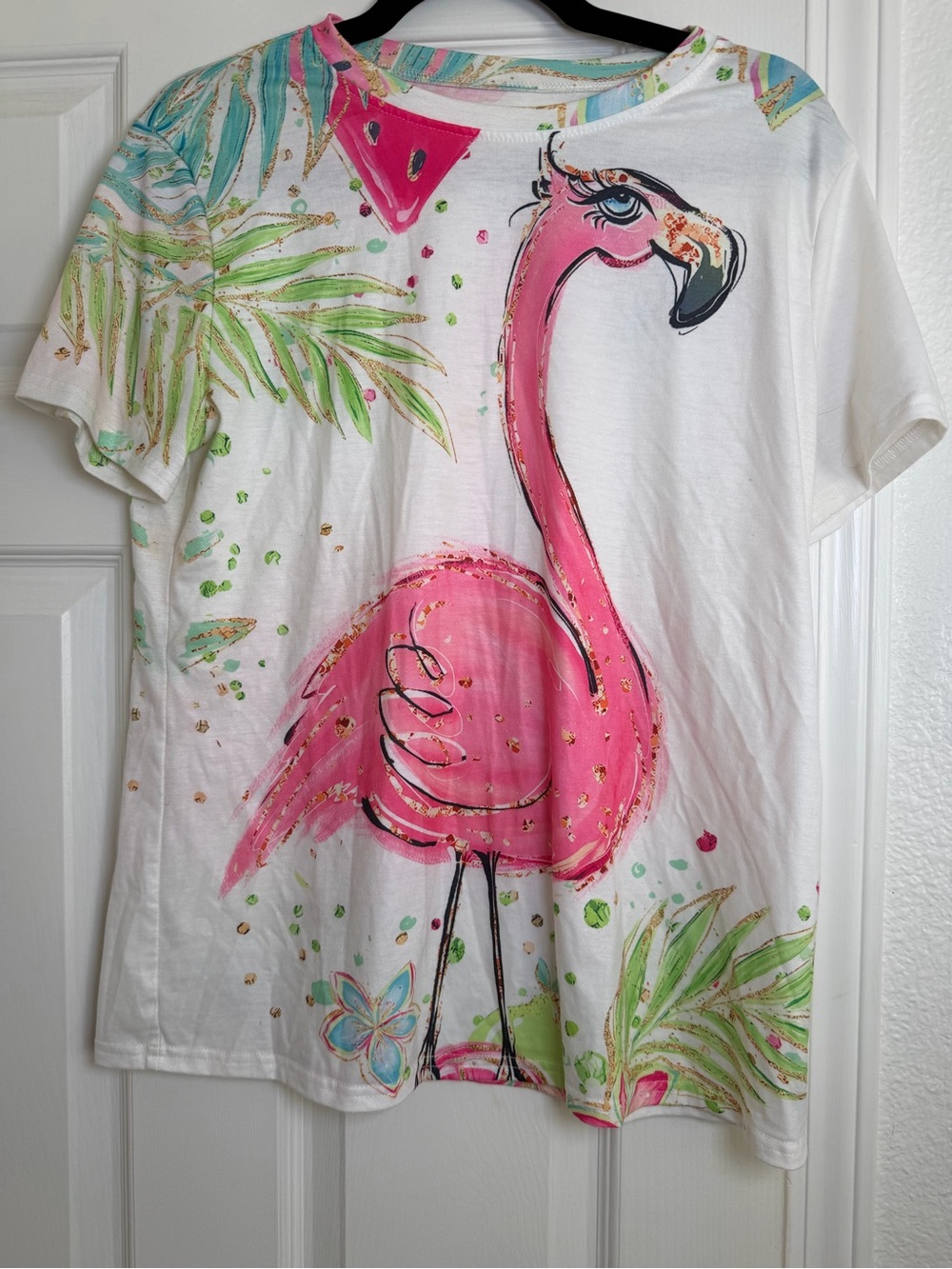 Pink Flamingo Tropical Graphic White Oversized T-Shirt Large - Picture 2 of 5